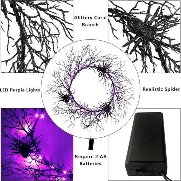 24" Black Spider Halloween Wreath with Purple Lights–Spooky Indoor/Outdoor Decor - Picture 4 of 7